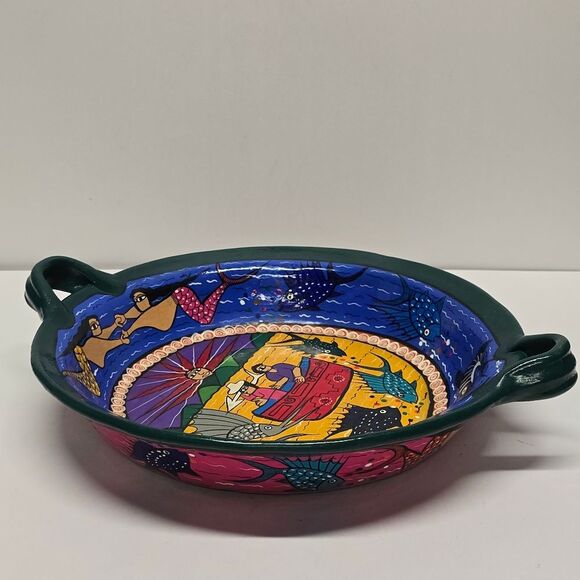 Vintage MEXICAN Ixtapa Terracotta Pottery Folk Art Hand Painted Large Bowl - Picture 2 of 8